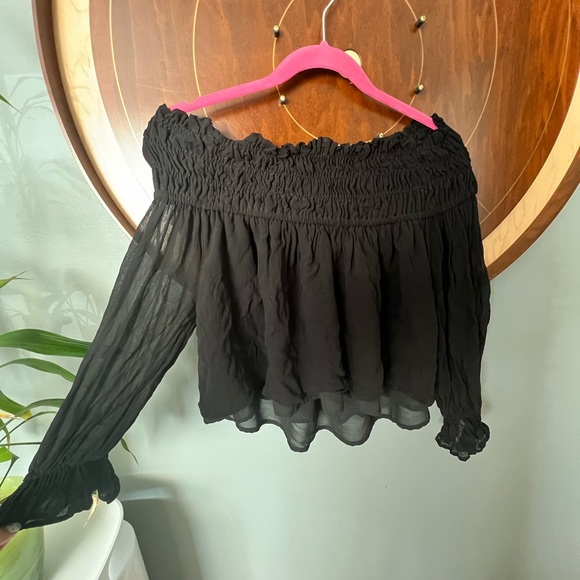 ASOS Off the shoulder chiffon black ruched top - Picture 5 of 7